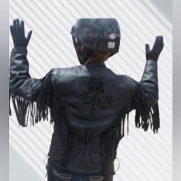 Black Genuine Leather Fringed Jacket w/ Black Rose - Picture 2 of 14